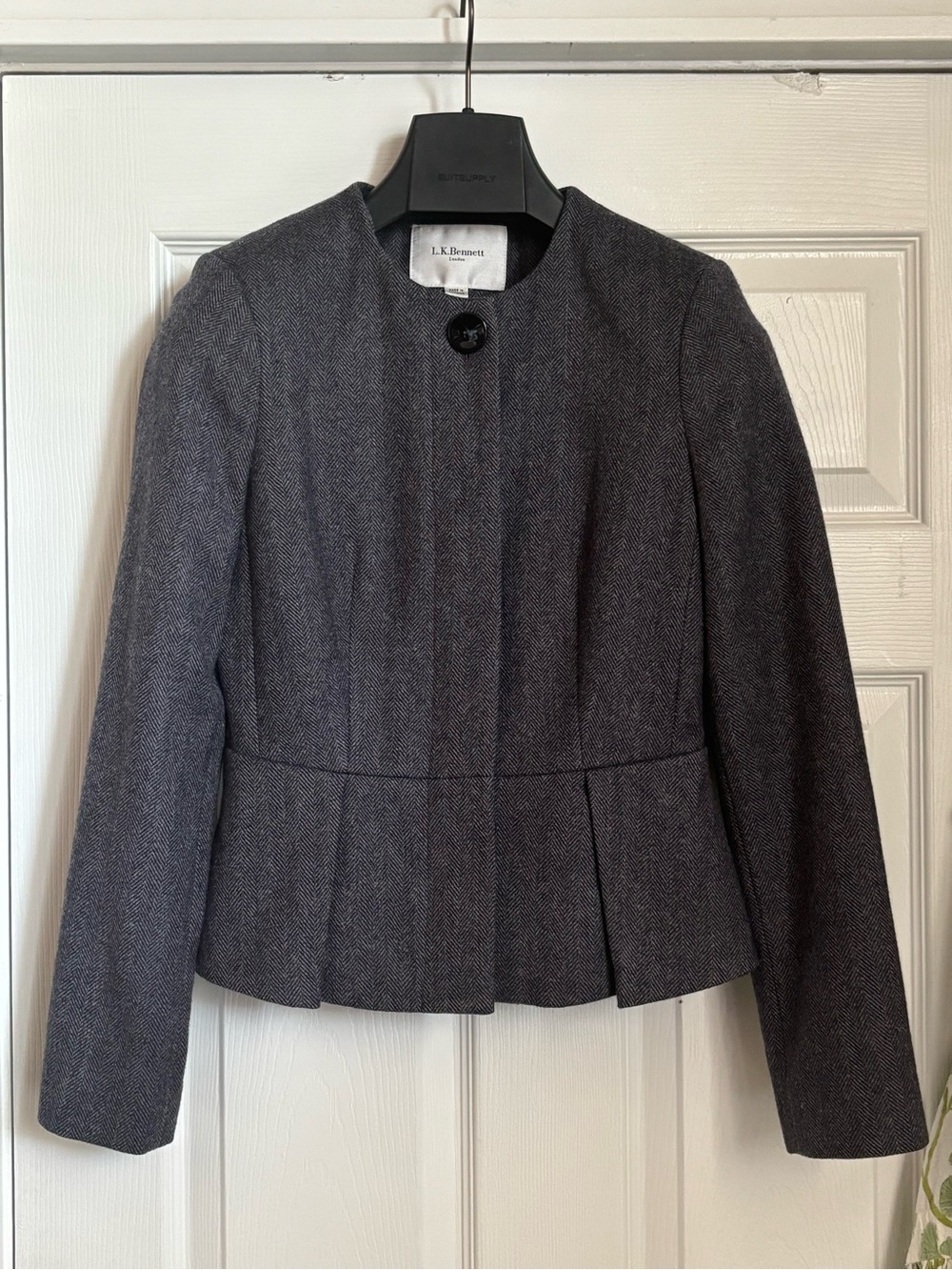 LK Bennett Moon British Cloth Wool Peplum Hem Blazer Jacket Collarless